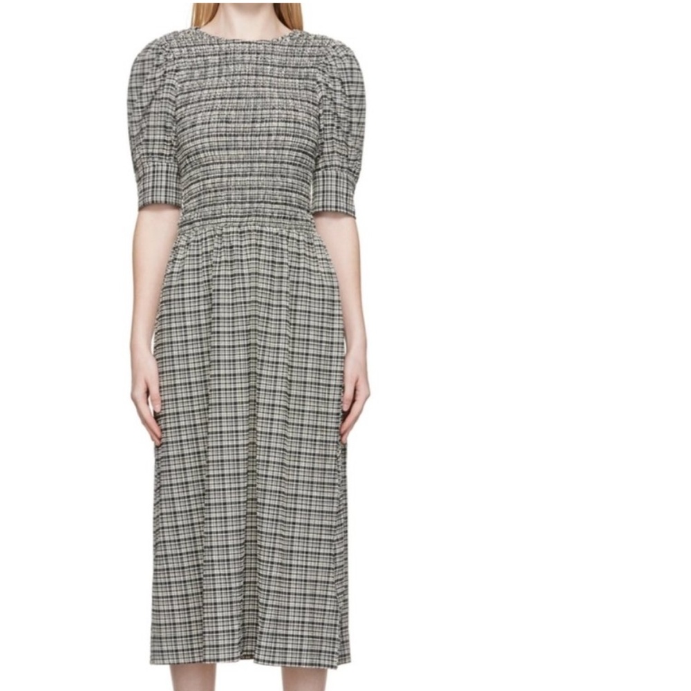 GANNI Women's Shirred Checked Recycled Seersucker Midi Dress M